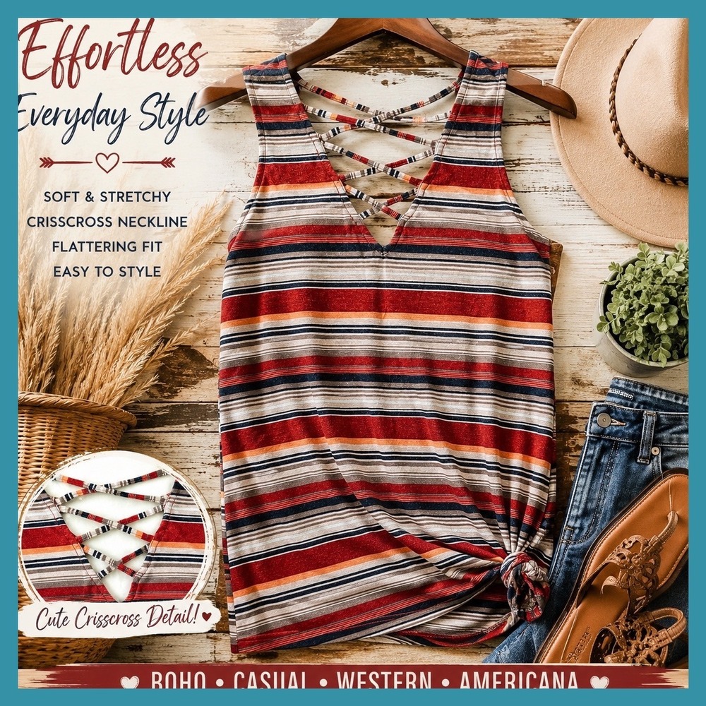 Maurices 24/7 Striped Crisscross Neck Tank Top Boho Western Red Navy Medium